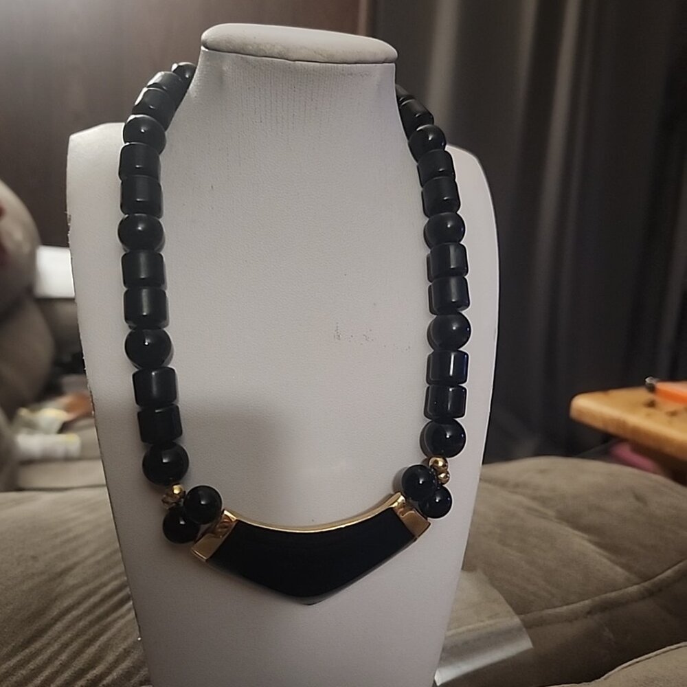 Vintage Trifari Black Enamel And Gold Statement Necklace